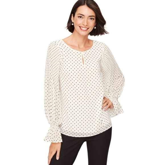 Talbots Blouse Off White Polka Dot Gathered Long Sleeve Keyhole Top Petite PL - Picture 2 of 9